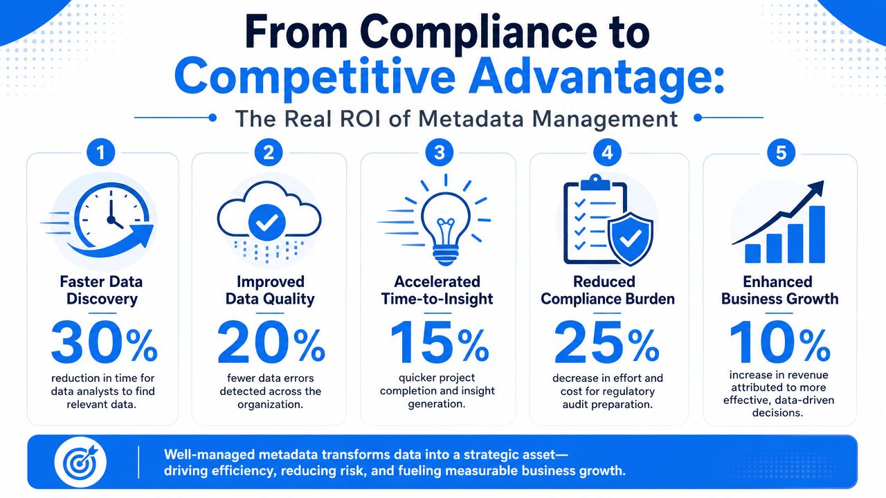 An infographic titled From Compliance to Competitive Advantage outlining five key benefits of effective metadata management.