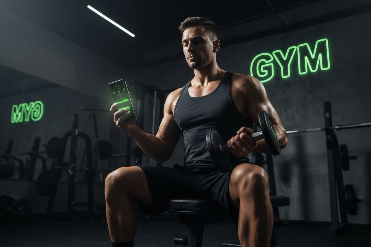 Person tracking their workout on a phone at the gym