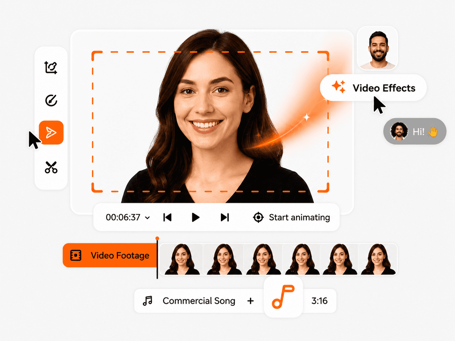 Video editing interface displaying a smiling woman in a preview window with editing controls, video effects options, and a timeline of video clips below.