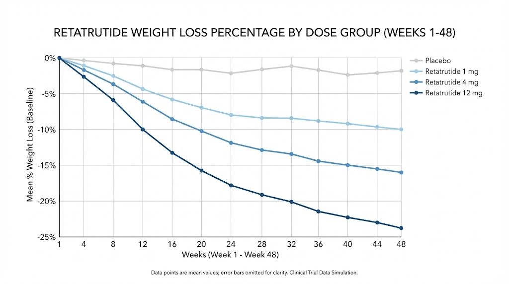 Retatrutide clinical trial weight loss results by dose group over 48 weeks