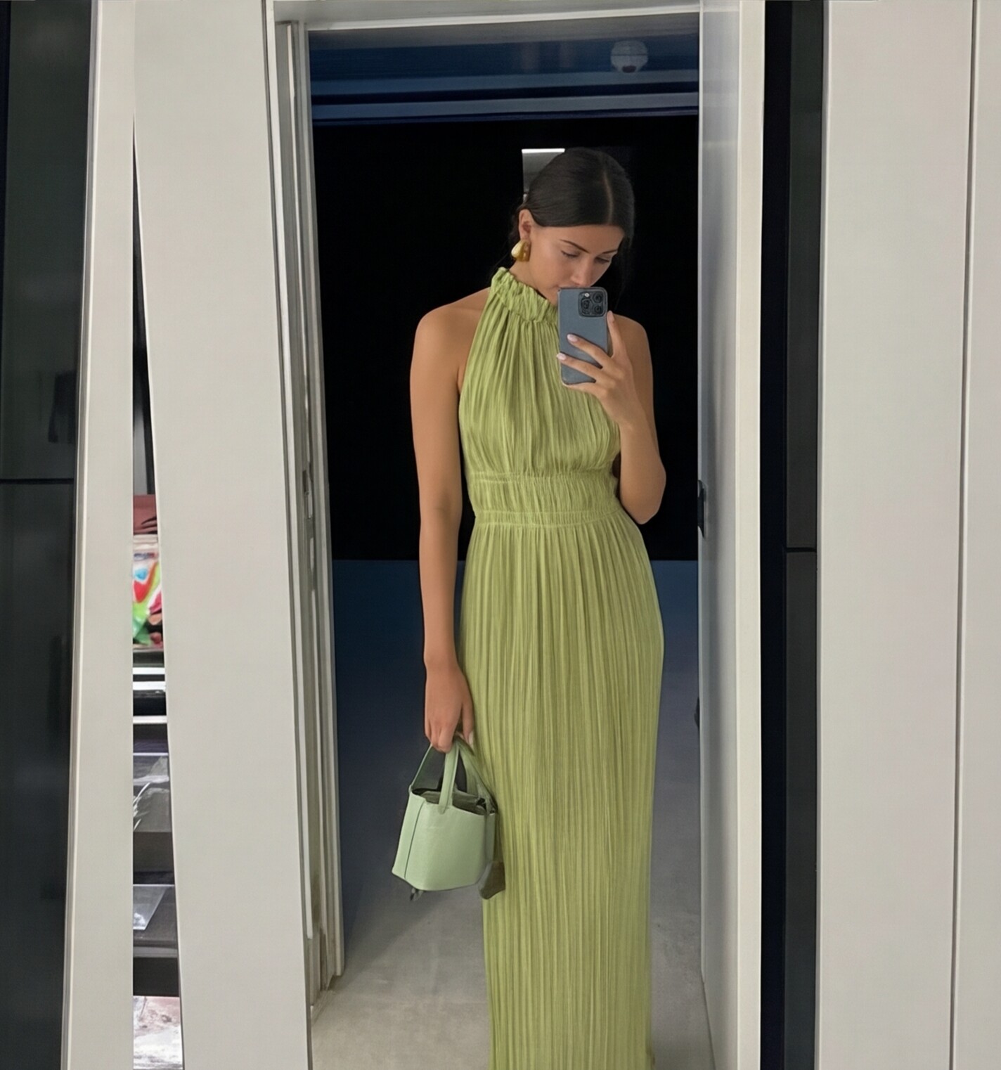 Lime Green Pleated Halter Dress