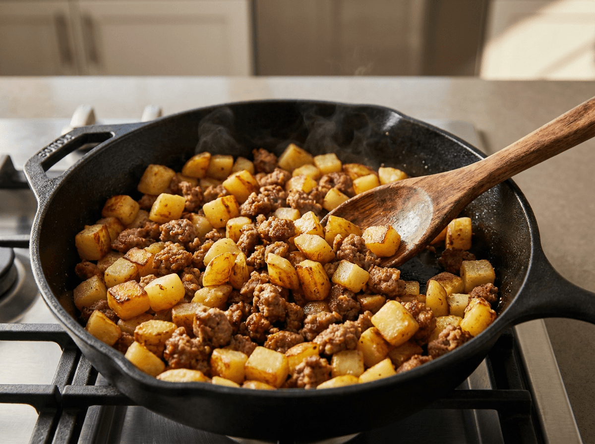 Golden diced potatoes and browned sausage sautéed in cast-iron skillet