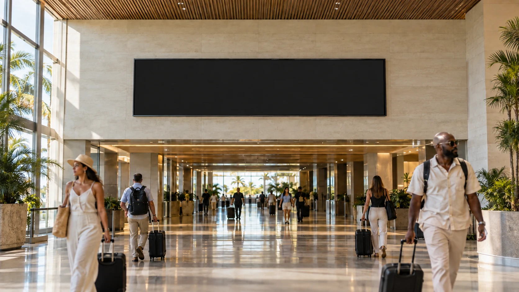 Conceptual airport arrivals setting with travellers passing the campaign screen