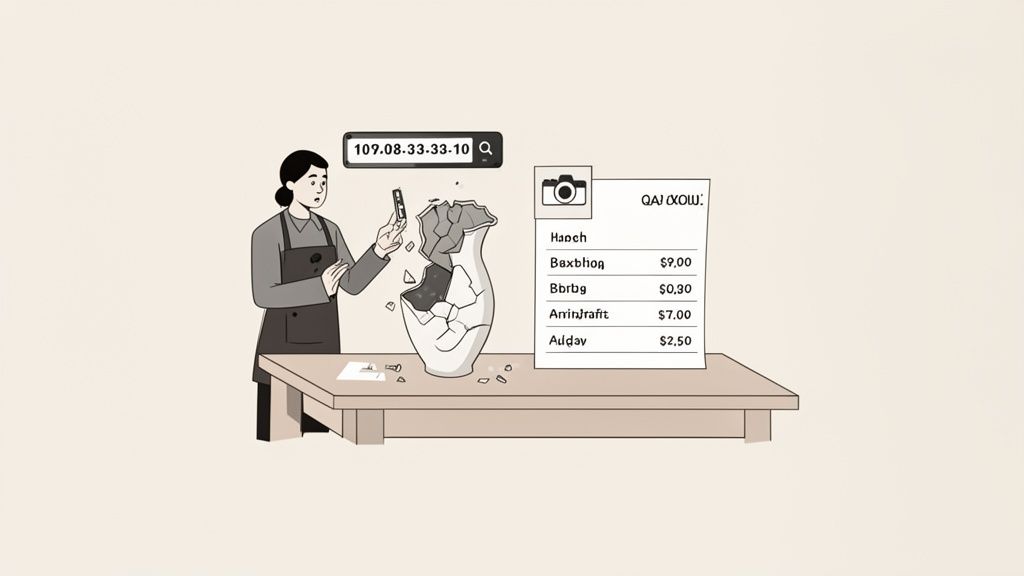 A distressed woman scans a broken vase with a phone, revealing an ID and price list.