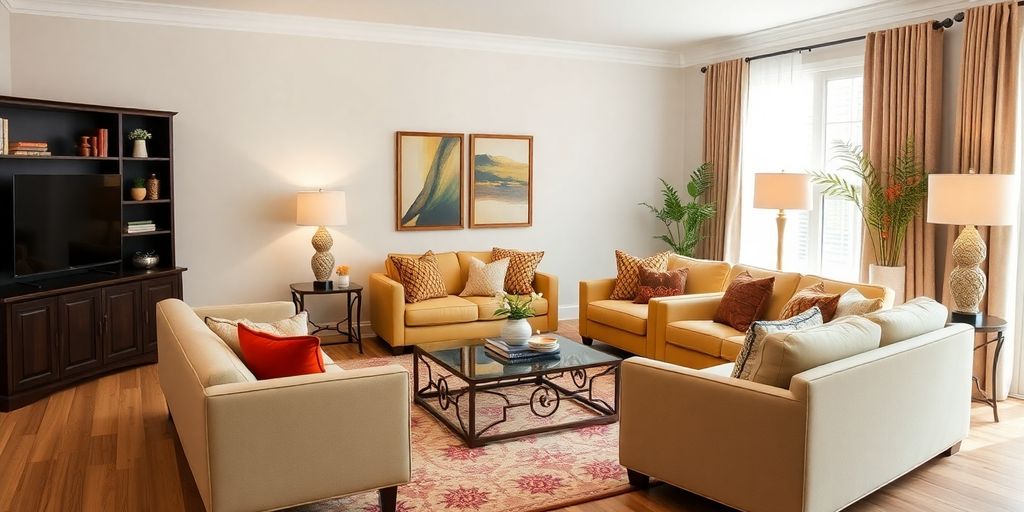 Staged living room with elegant furniture and decor.