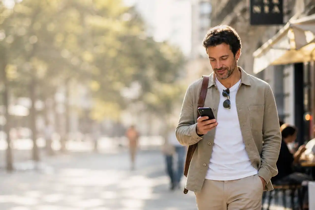Unternehmenskäufer unterwegs: Junger Unternehmer prüft Verkaufsmandate und passende Betriebe zum Kaufen auf dem Smartphone mit der BIZZqui App