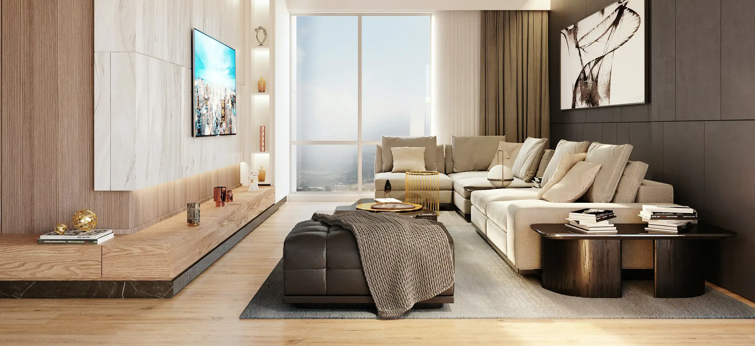 Comfortable living room with sofa, coffee table, and soft lighting