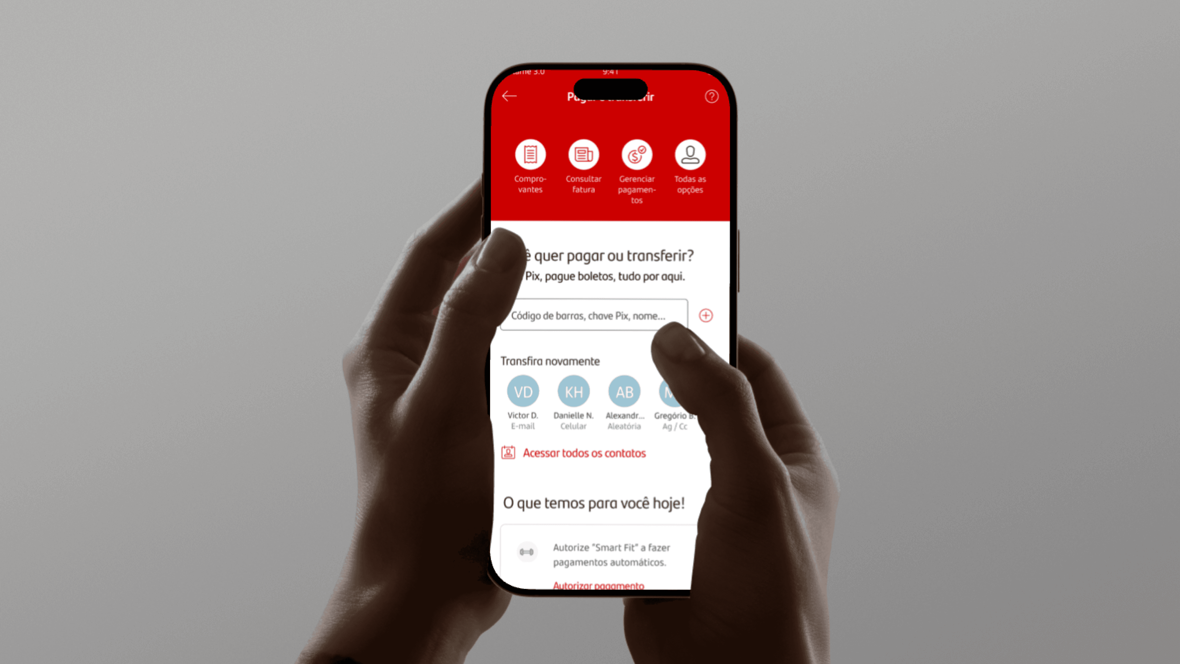 cell phone with the proposed UI for the payments area being held with both hands