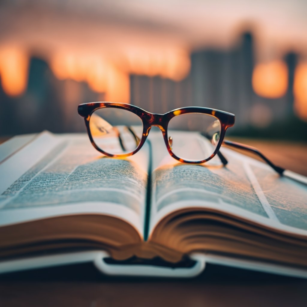 Glasses on an open law book with a miniature office building, signifying nearby top immigration lawyer offices.