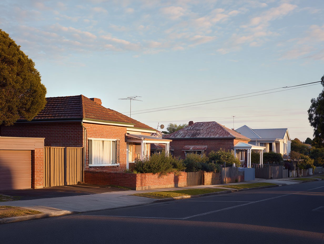 Melbourne suburban street with brick and weatherboard houses in warm evening light.