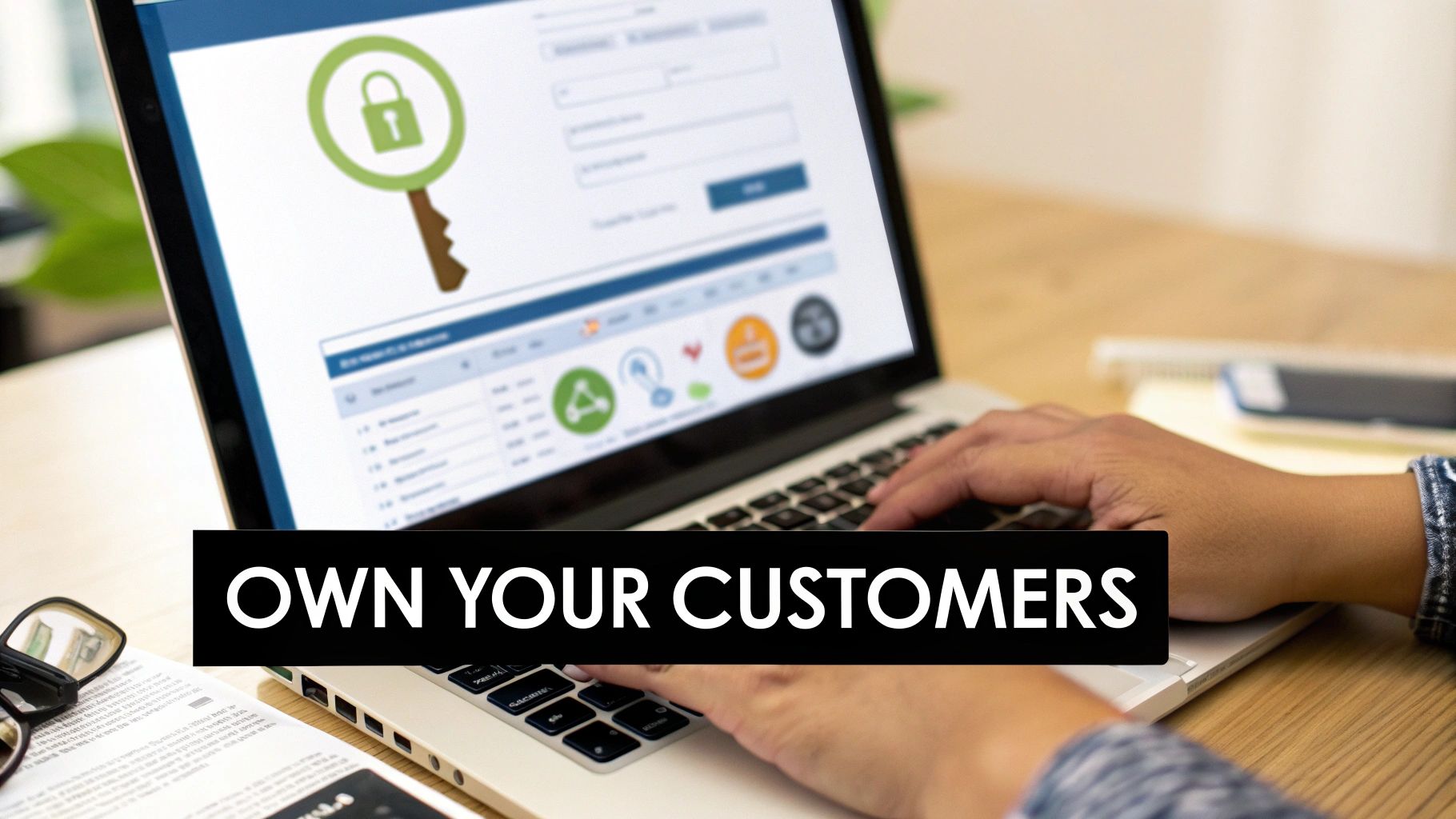 A person's hands typing on a laptop displaying a key and padlock graphic, with the message 'OWN YOUR CUSTOMERS'.