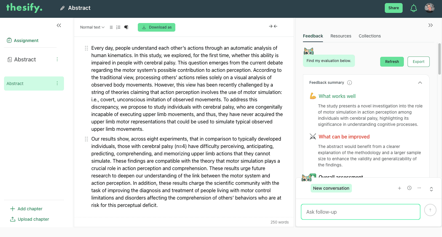 Student STEM abstract screenshot showing strong methods description but thin results reporting and limited significance statement.