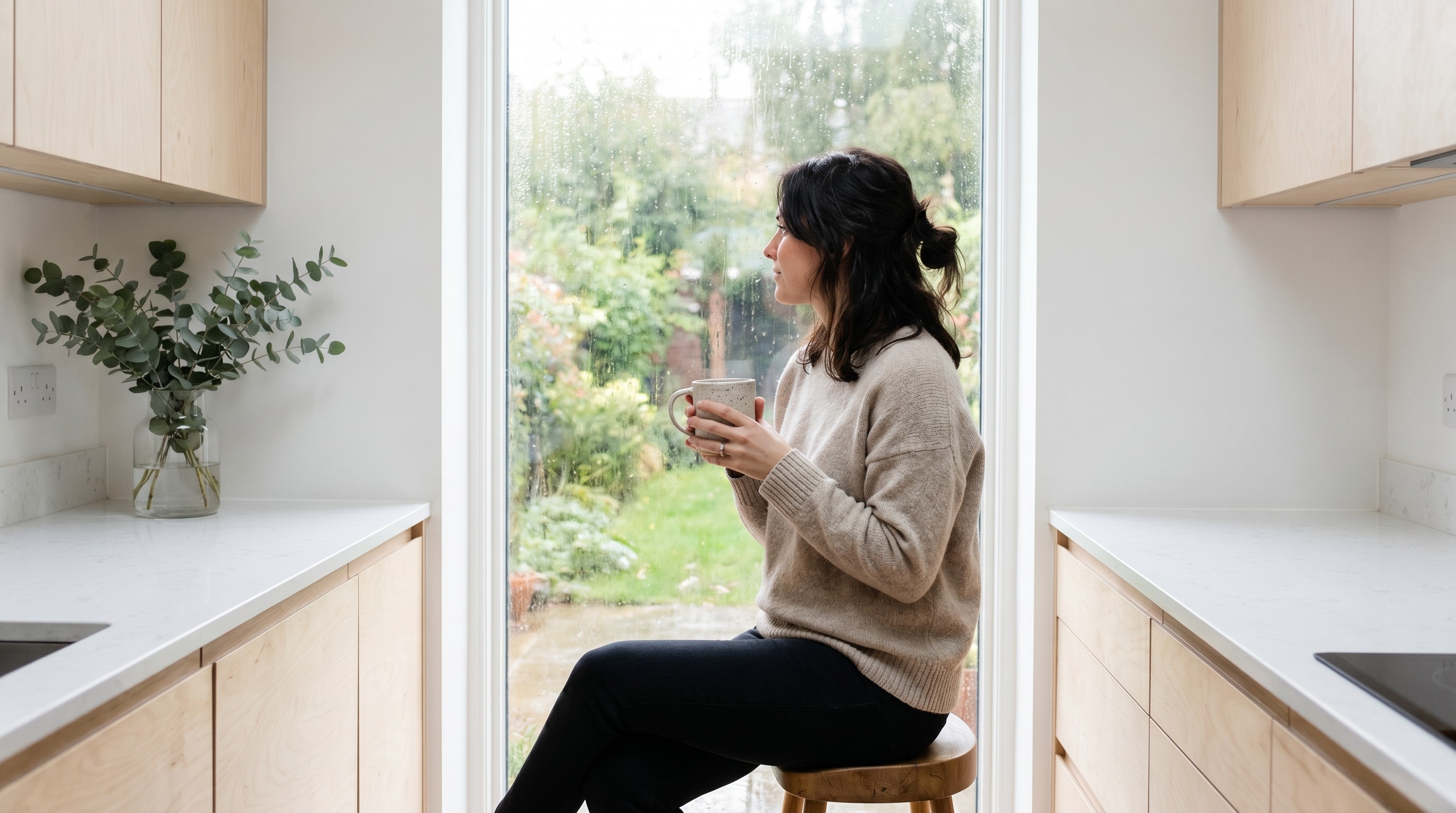 Woman in soft daylight by a kitchen window holding tea, calm and contemplative in a minimalist Pacific Northwest home