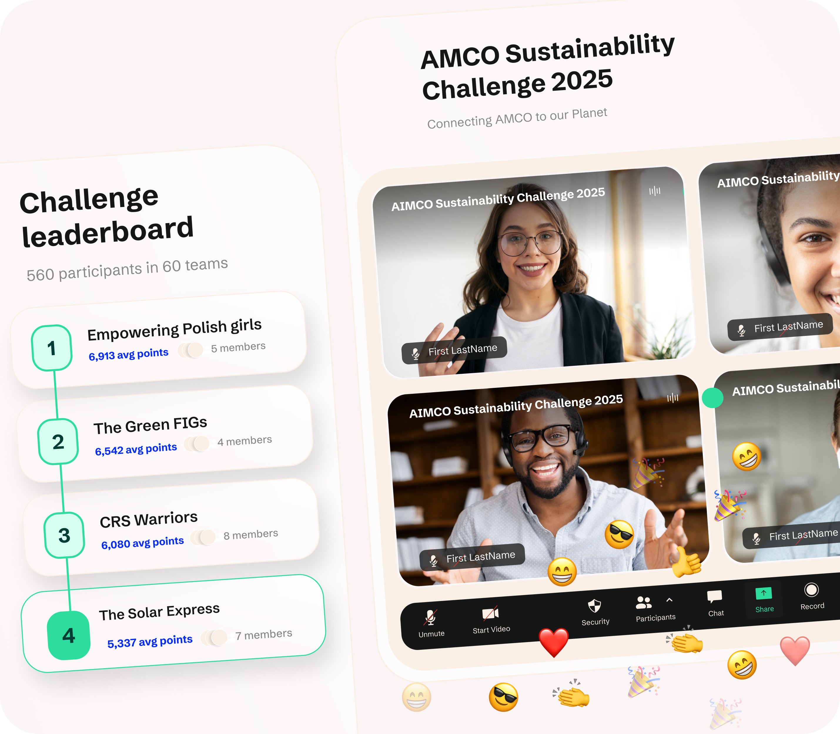 AMCO Sustainability Challenge app screen with team leaderboard and celebratory video call tiles.