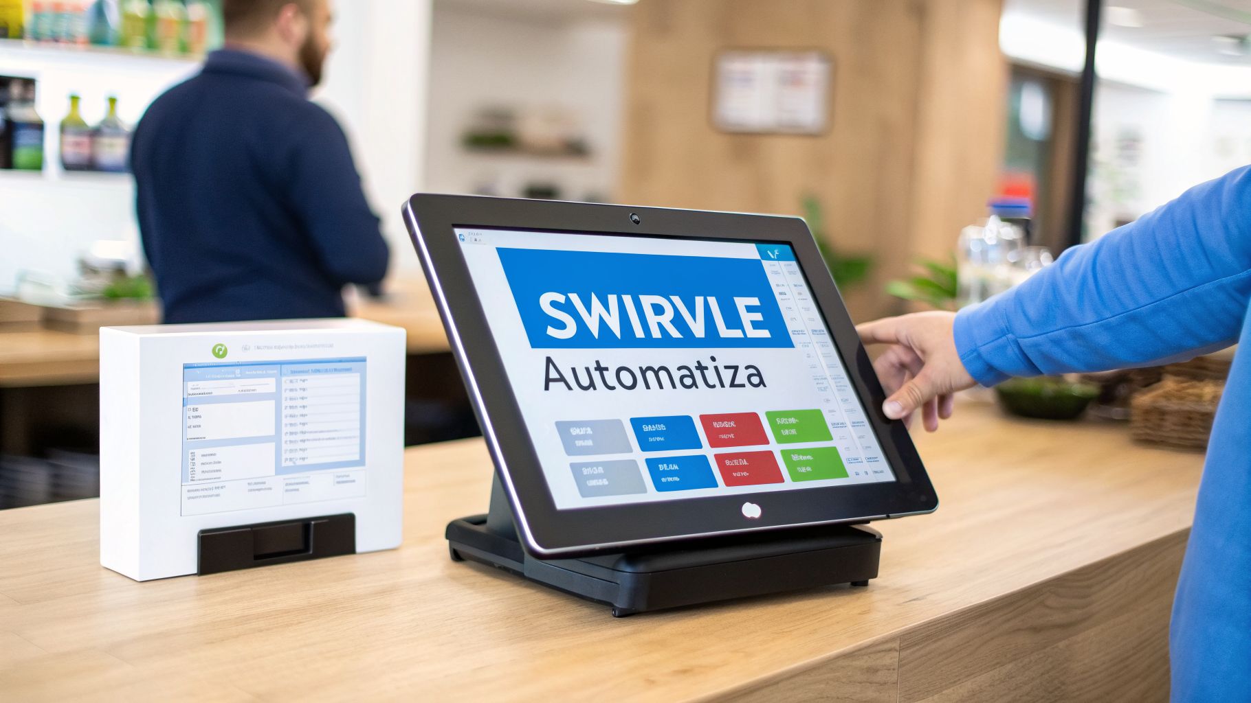 Persona usando un sistema de punto de venta táctil 'SWIRVLE Automatiza' en un mostrador comercial moderno.