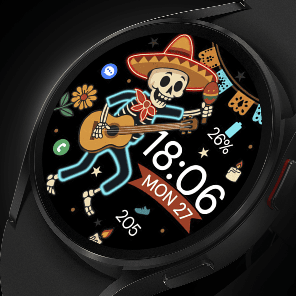 Galaxy watch displaying a digital Día de los Muertos watch face