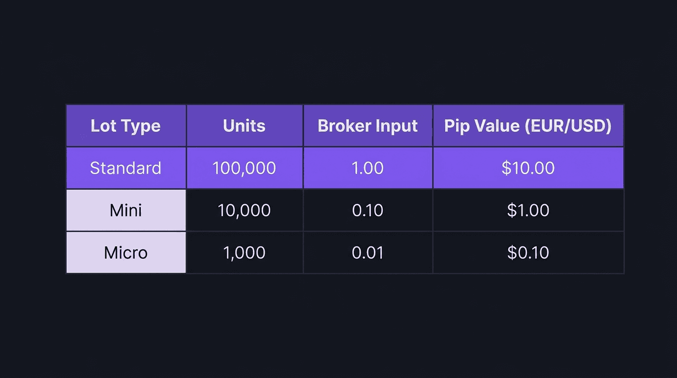 Table showing standard, mini, and micro lot sizes with units and pip values for EUR/USD