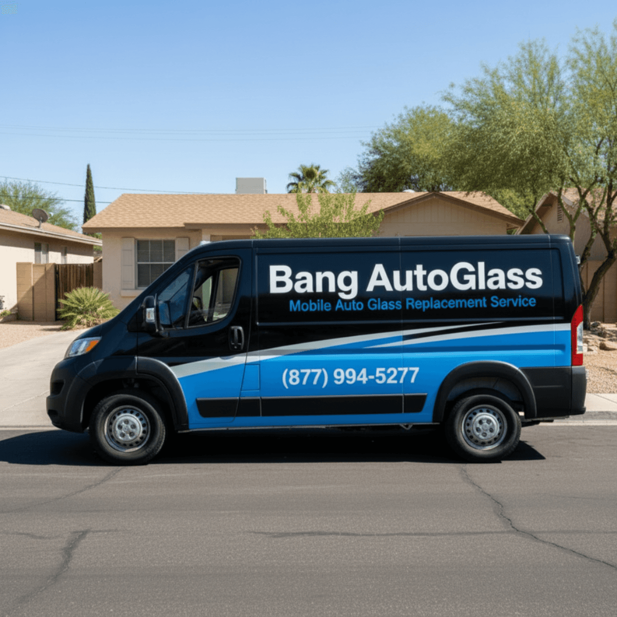 Bang AutoGlass technician van arriving for a mobile auto glass service call at a residential neighborhood in Avondale, AZ