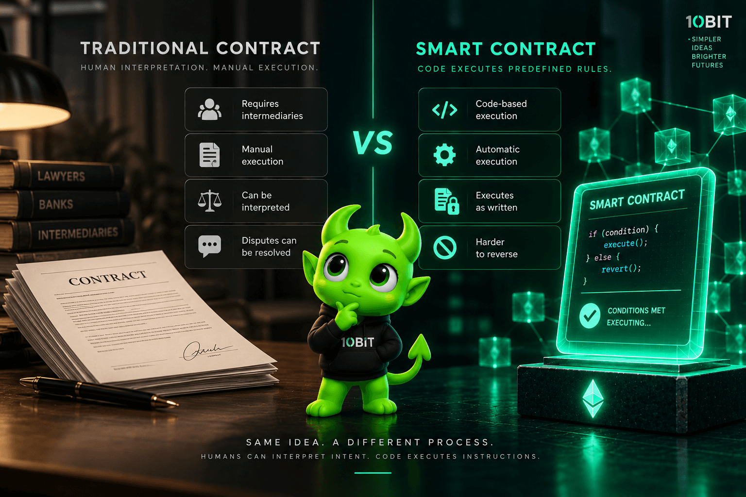 Traditional contracts compared with smart contracts, showing human interpretation versus automated blockchain code execution