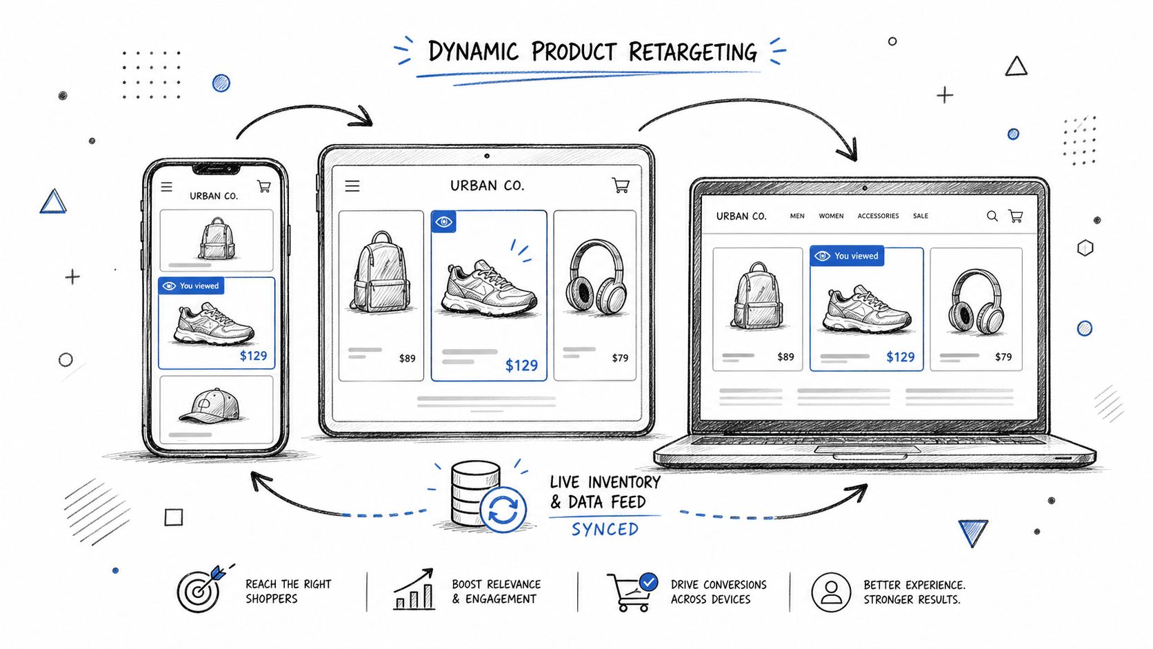 A hand-drawn illustration showing how dynamic product retargeting works across mobile, tablet, and desktop devices.