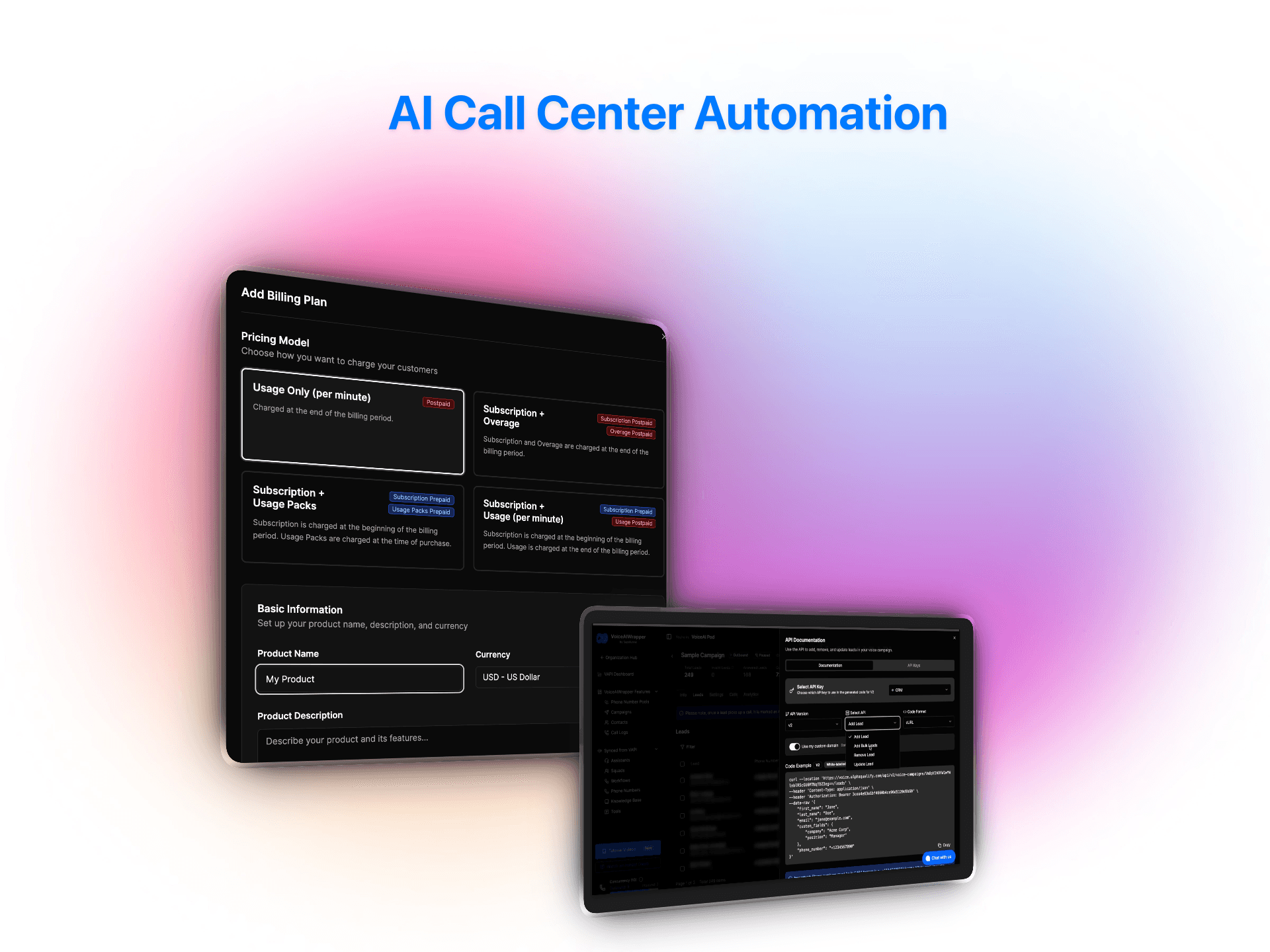 AI call center automation with flexible billing plans, usage-based pricing, and API controller configuration interface | VoiceAIWrapper