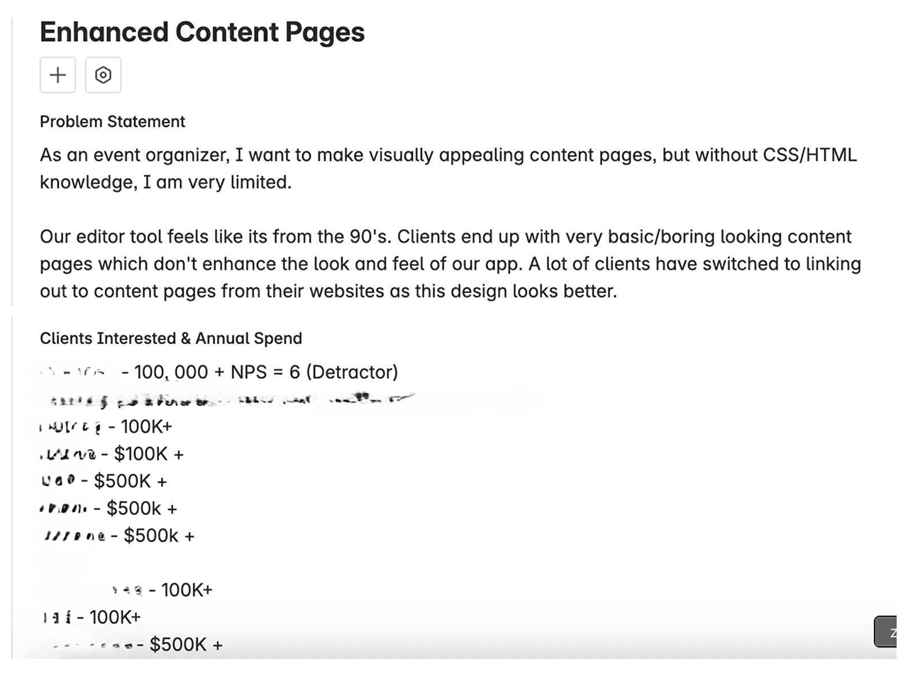 A feature request titled “Enhanced Content Pages” documenting content creation issues raised by multiple high-value clients, highlighting significant contract value at risk and a low Net Promoter Score tied to the problem.