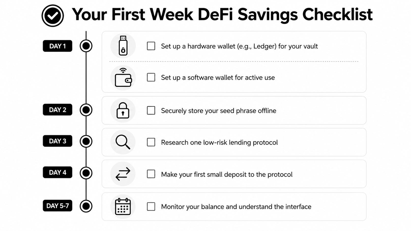 A checklist infographic outlining a seven-day plan for beginners to start using decentralized finance savings protocols.