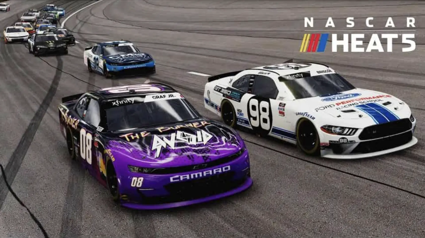 NASCAR Heat 5 video game screenshot featuring AVOID’s custom-painted number 08 race car driven by Joe Graf Jr racing beside other cars on the track.