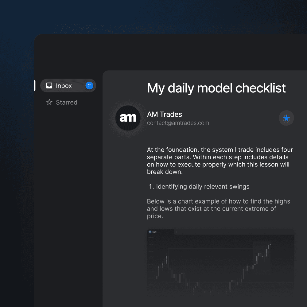 Showing email inbox with a newsletter lesson from AM Trades.