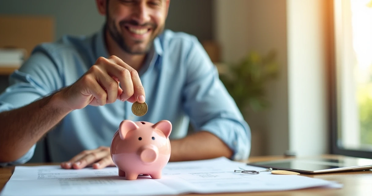 Homem sorrindo colocando moedas em cofre em formato de porquinho.