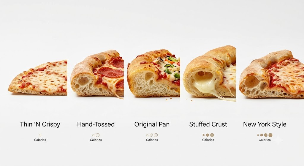 A side-by-side visual comparison of five distinct pizza crust styles, featuring Thin 'N Crispy, Hand-Tossed, Original Pan, Stuffed Crust, and New York Style, each labeled with an illustrative calorie count.