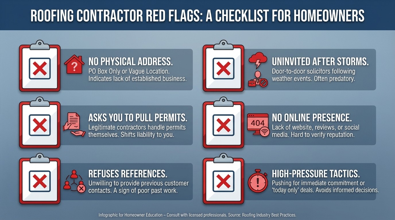 Warning signs of dishonest roofer checklist with red flag icons