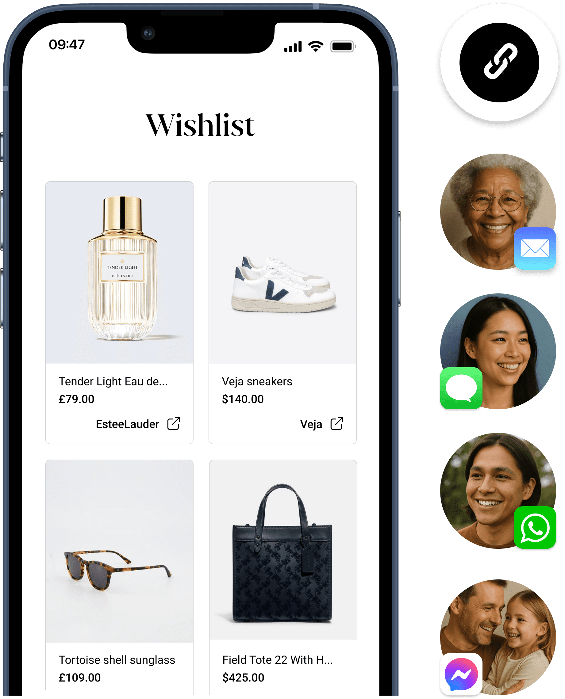 Image of a wish list on a smart phone screen being shared with friends and family via a link and being sent via email, messenger, whatsapp and text message
