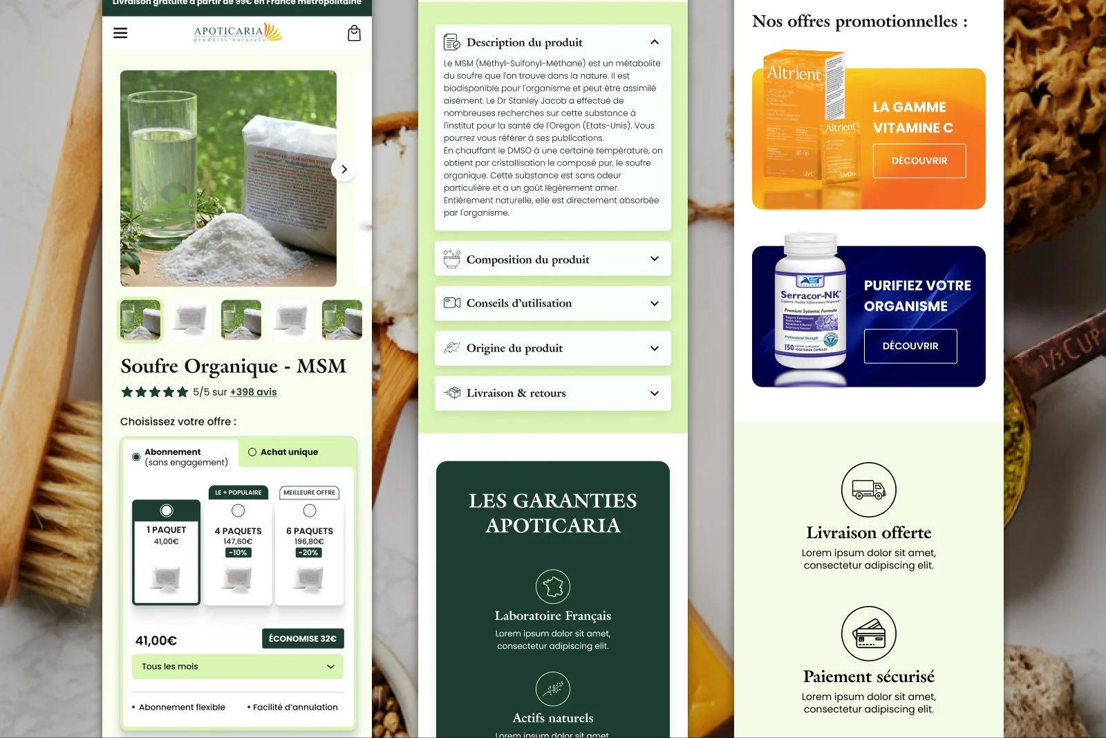 Refonte mobile Apoticaria avec fiche produit, description accordéon, garanties marque et offres promotionnelles