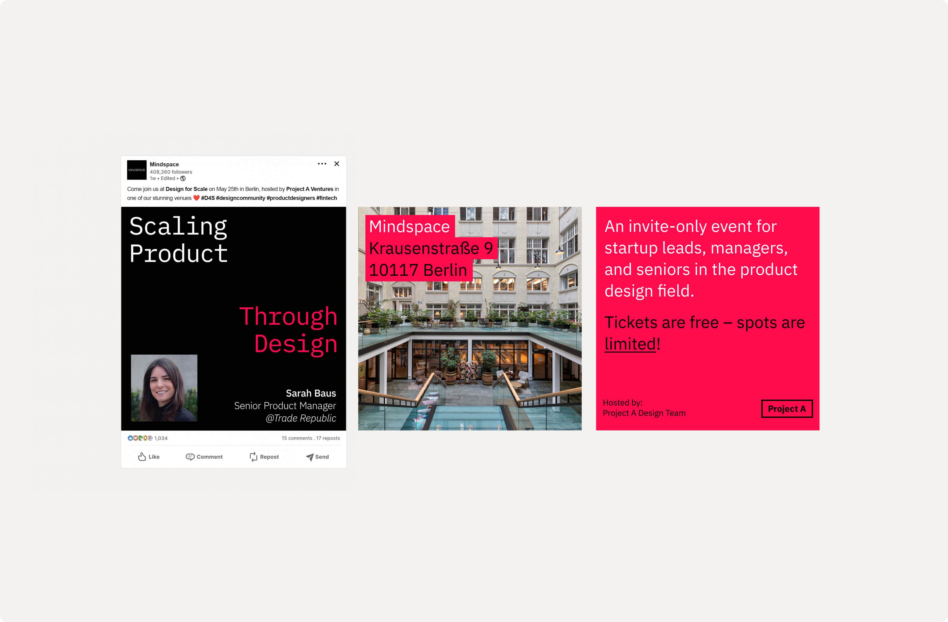 Invitation to an exclusive event on scaling product design, featuring Sarah Baus, hosted by Project A at Mindspace Berlin.
