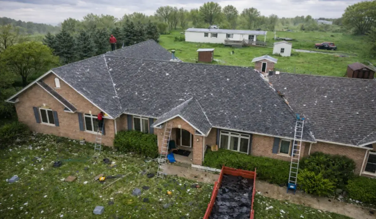 Storm-Proofing Your Roof after hail damage showing active repair, shingle loss, and storm impact on Illinois home