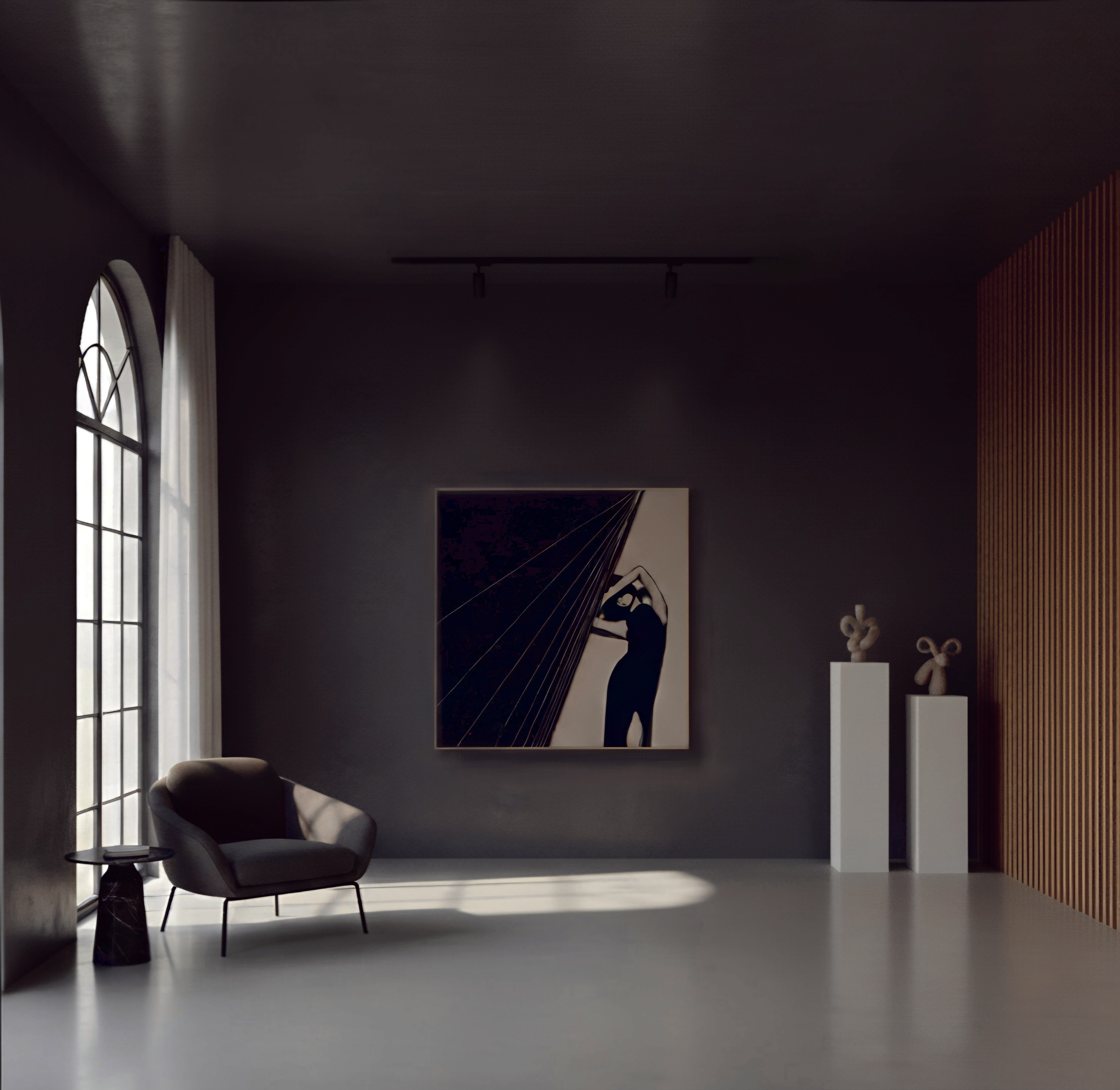Minimal contemporary gallery interior with abstract figurative painting, spotlighted artwork with strong contrast and sculptural presence