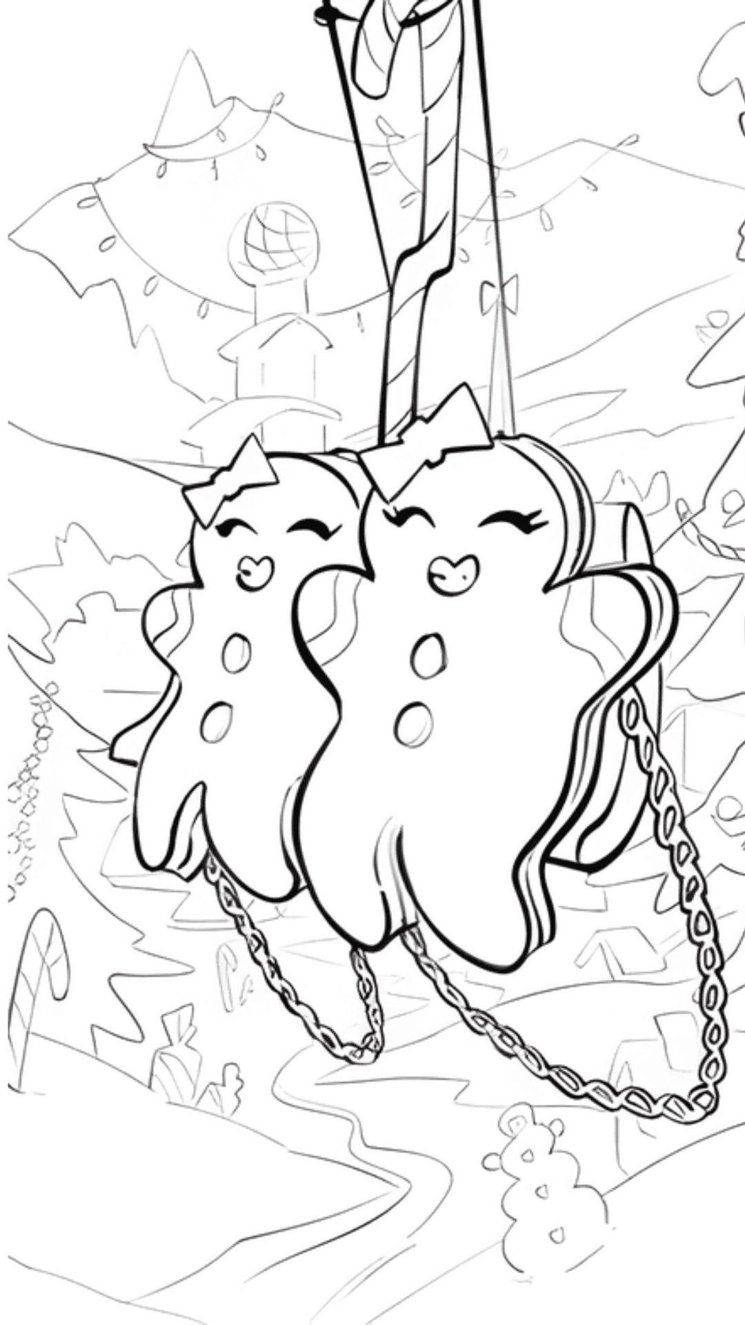 Line art sketches depicting a whimsical gingerbread-themed winter village