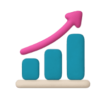 Bar chart with three blue bars increasing in height, topped with a pink arrow indicating growth.