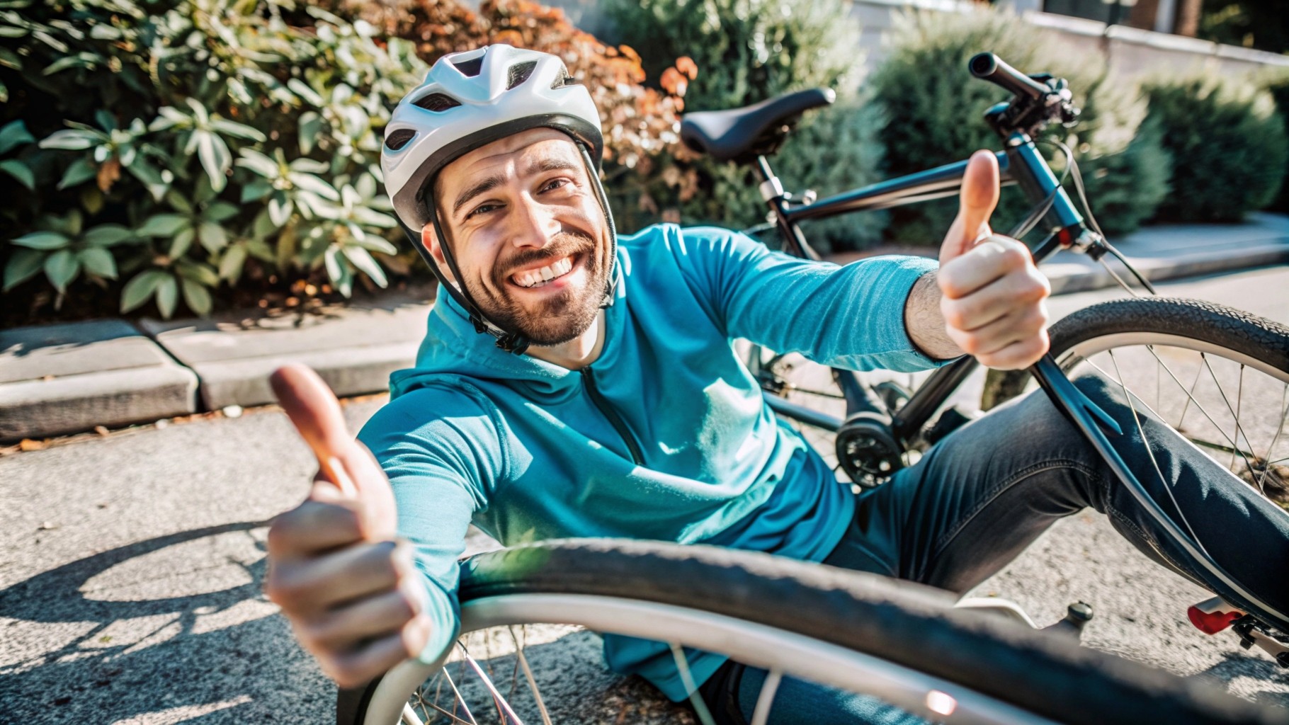 a man crashes of a bike and smiles, shows thumb up