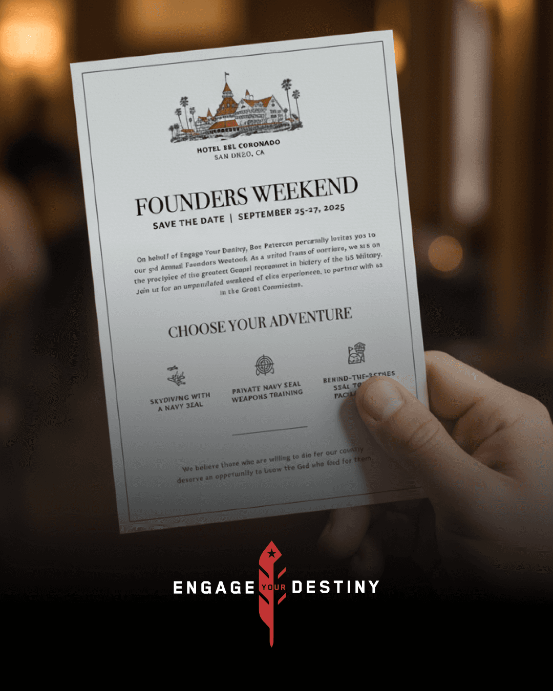 mockup of a man holding a save the date, with the engage your destiny superimposed on the image