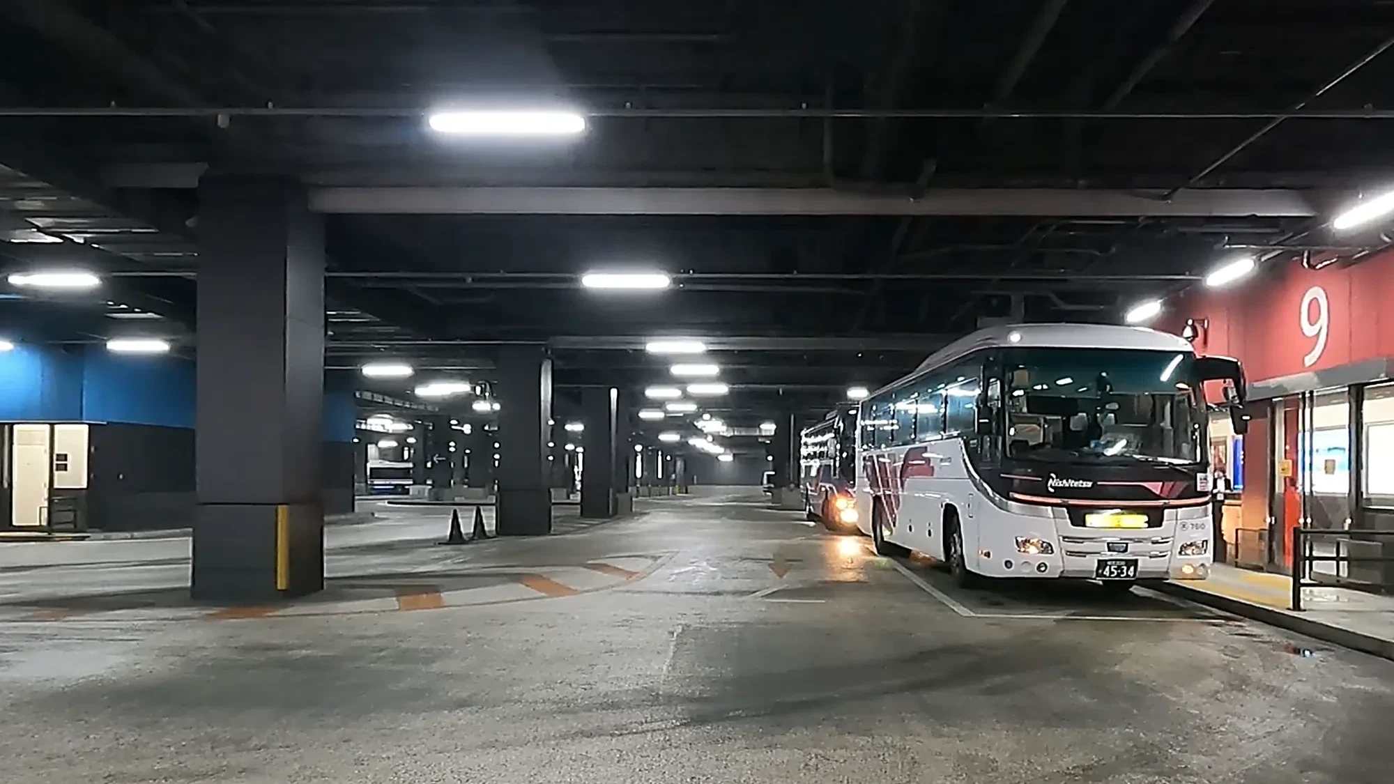 Underground coach bays at a Kyushu terminal serving the Kurokawa Onsen routes