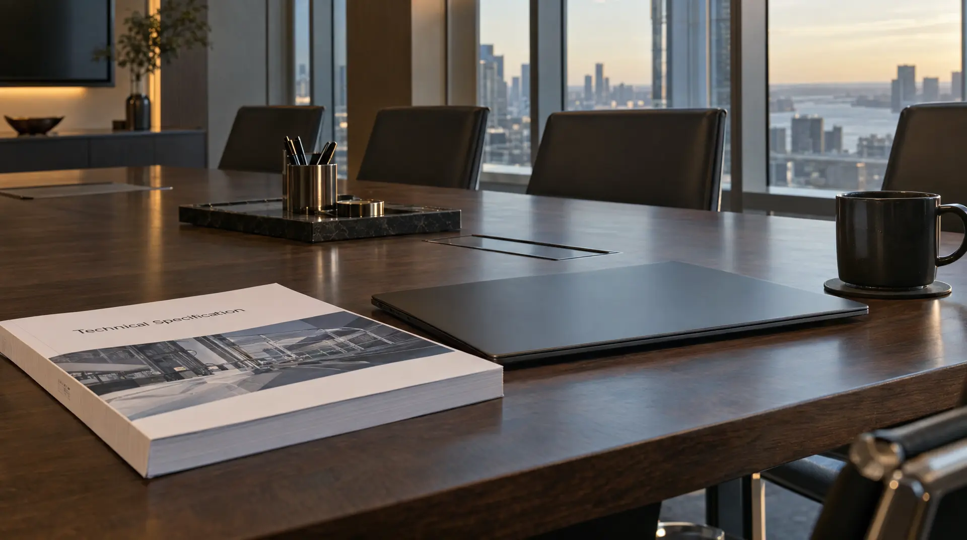 Sunlit conference table with a laptop and documents labeled "technical specification," supporting tech marketing strategy planning.