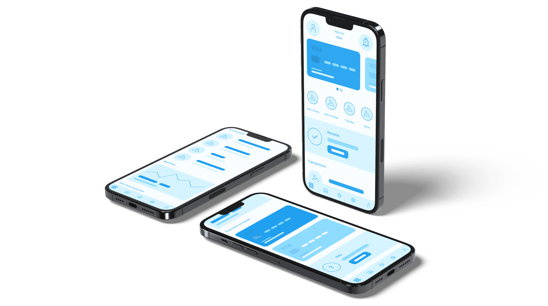 3 mobile phones showing the final low fidelity wireframe