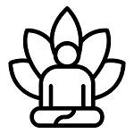Line art icon of a person meditating with a lotus flower symbol representing mindfulness and spiritual growth in yoga.