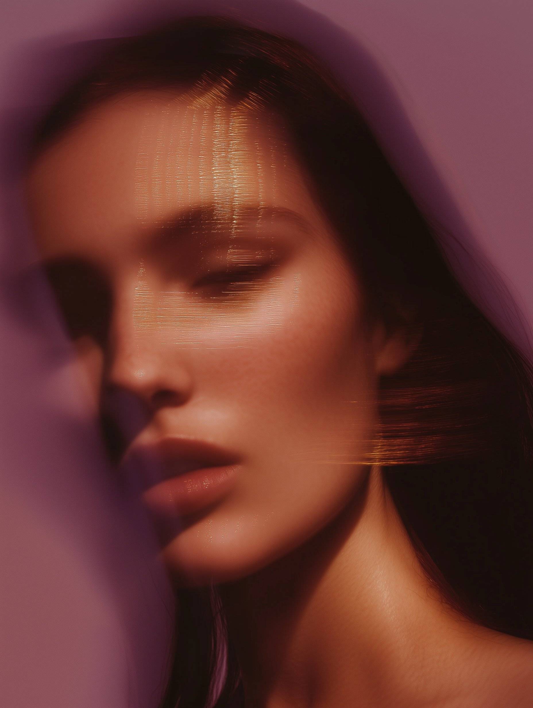 Woman's face with horizontal scan lines and golden lighting