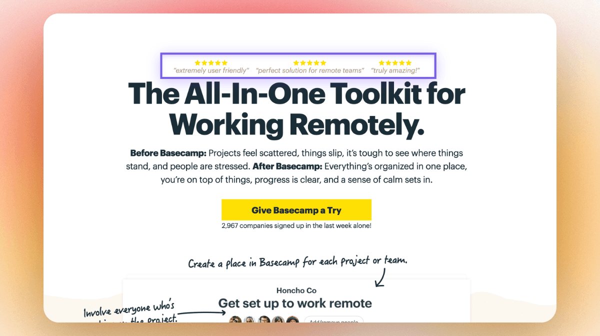 Basecamp's above the fold testimonial section