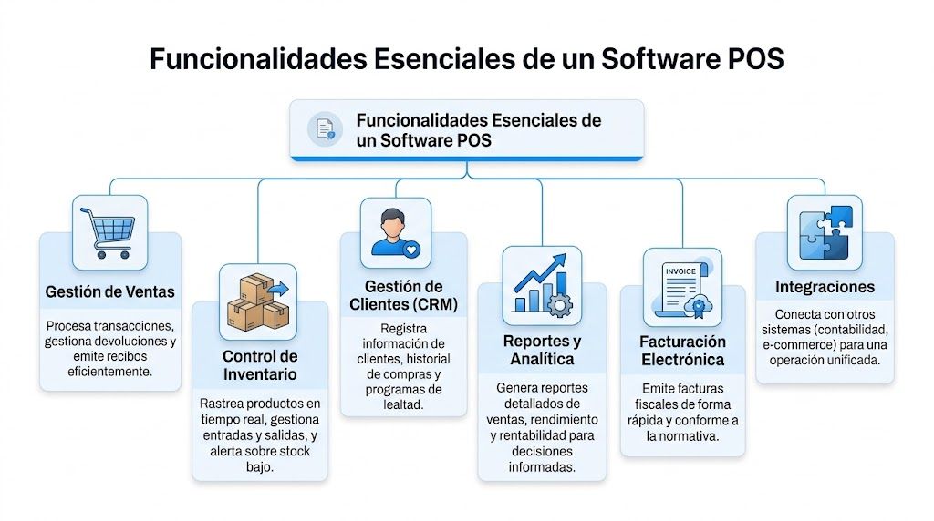 Diagrama que muestra las funcionalidades esenciales de un software POS, incluyendo gestión de ventas, inventario y facturación.