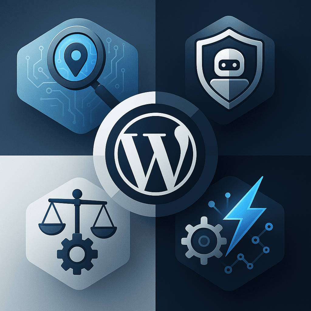 Vector comparison of four WordPress GEO plugins represented by distinct capability icons
