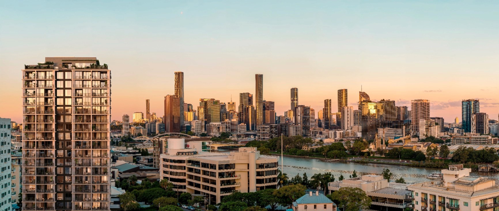 Quartet Milton residential tower with Brisbane city skyline views, premium apartments in Milton near CBD and riverfront